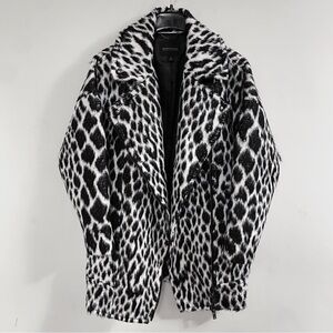 Banana Republic Black & White Drop Shoulder Fuzzy Moto Double Zip Jacket Coat S